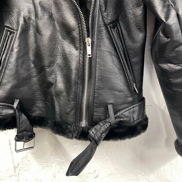 Abercrombie & Fitch Faux Fur Moto Jacket Black Vegan Leather Small - Picture 2 of 10